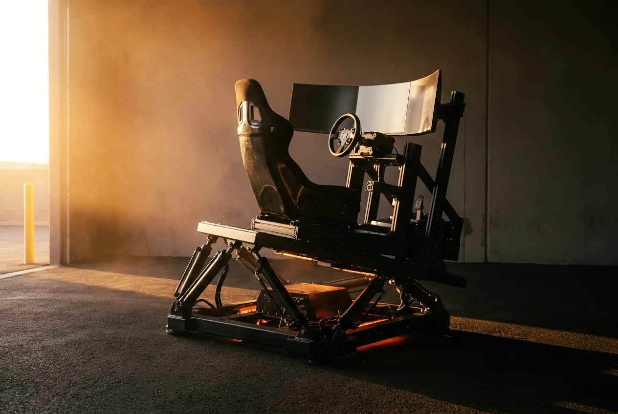 Motion rig — full-motion platform on actuators with triple monitors and ember underglow