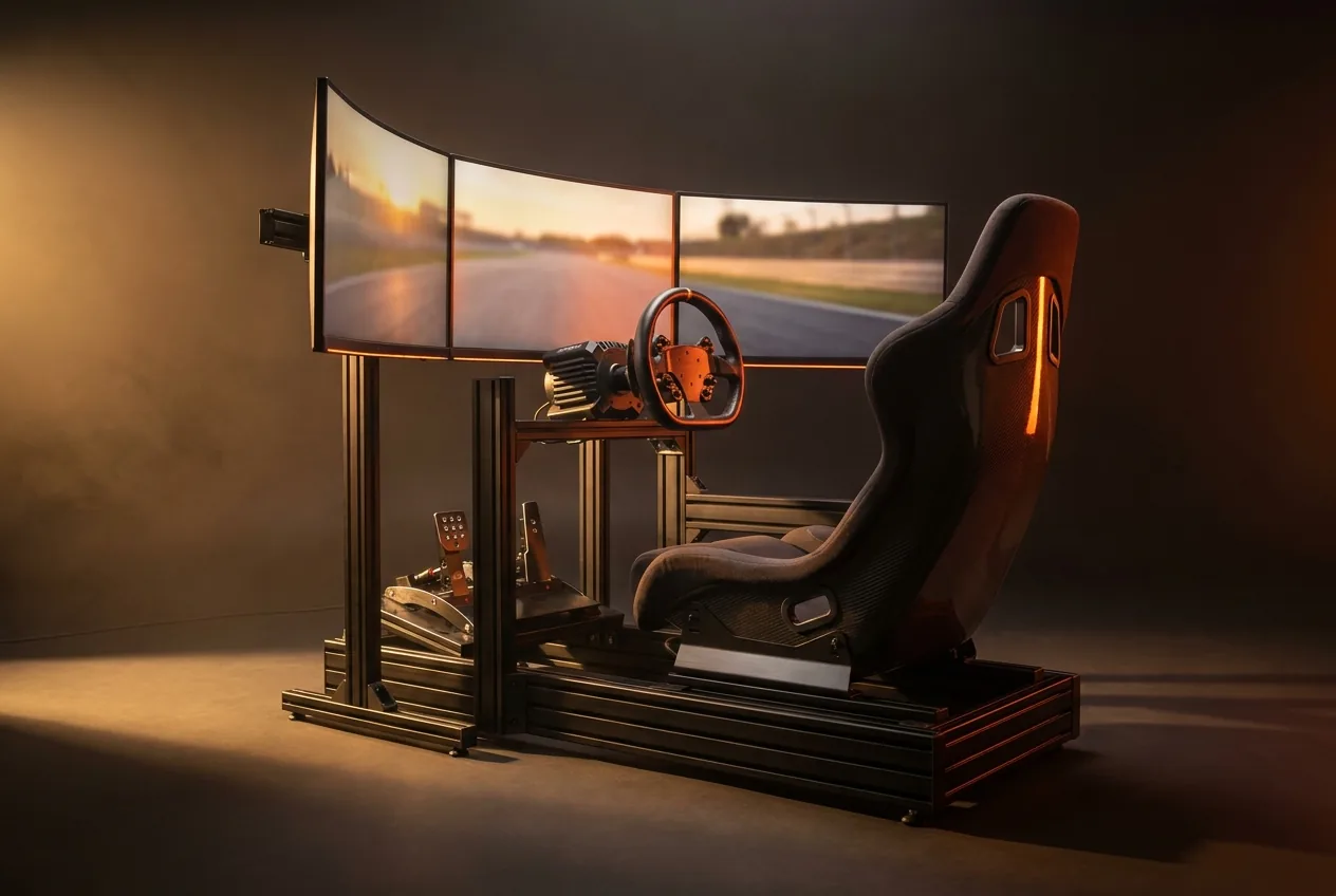 Pro rig — direct-drive wheel, load-cell pedals and triple ultrawide monitors