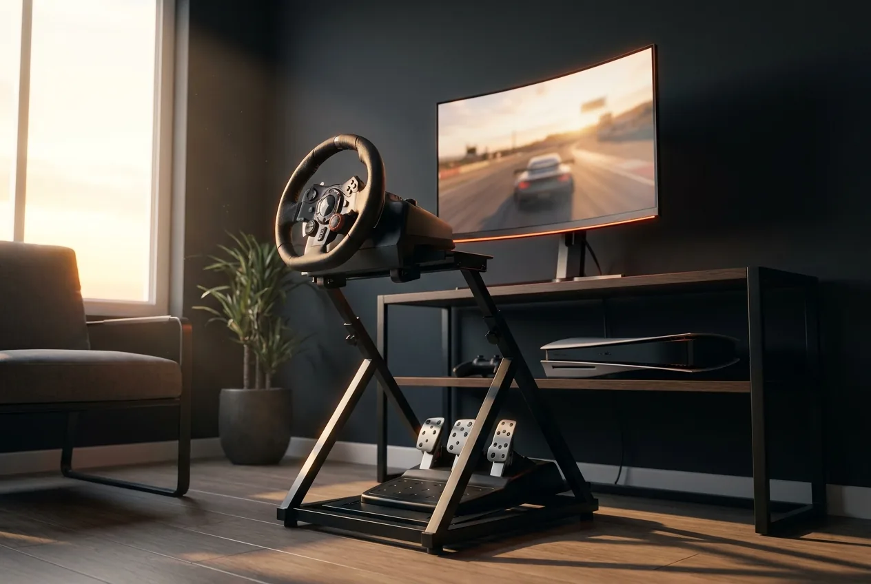 Starter rig — console, racing wheel, pedals and a single monitor lit by warm sunset light